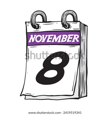 Simple hand drawn daily calendar for November line art vector illustration date 8, November 8th