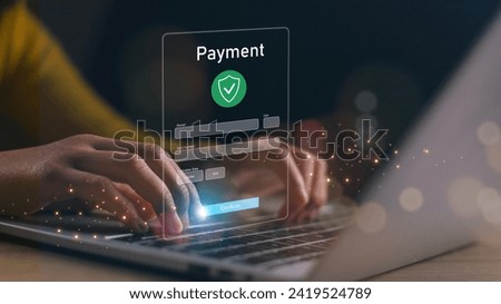 Online payment with digital marketing, Smartphone with banking online bill payment Approved concept button, credit card and network connection icon on business technology virtual screen background 