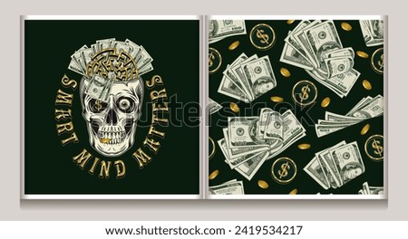 Money pattern, label in vintage style with heaps of dollar bills, scattered gold dollar sign, coins. Concept of making money and human resource value. For clothing, t shirt design. Vintage style