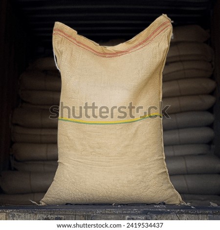 Green Coffee Bag from Brazil inside a Container Box Royalty-Free Stock Photo #2419534437