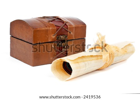 Treasure chest and papyrus scroll with shadow on white background