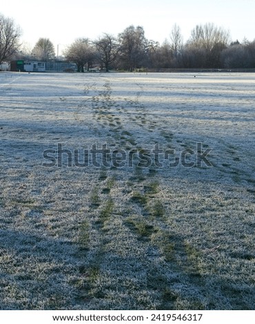 Frosty winter weather image showing a picture of a deserted playing field. Footprints cut across the frosty grass. Concept of weather forecast and winter. Cold mornings. 