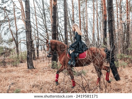 A beautiful girl in a black dress sits on a horse. A horse gallops at a trot through the forest. Rider girl riding a horse.
