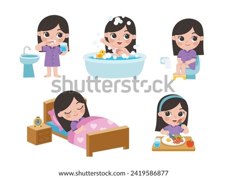 The daily routine of a cute girl on a white background. [ sleep, brush teeth, take a bath, sit on the toilet and eat breakfast ]. Royalty-Free Stock Photo #2419586877