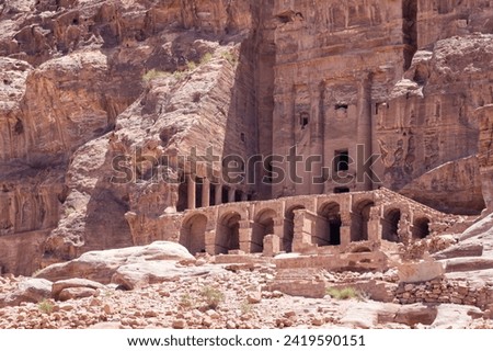 Jordan Petra. Petra - Capital of Nabataean Kingdom. Ancient temples and tombs carved into colored rocks on territory of Nabataean kingdom.  Royalty-Free Stock Photo #2419590151
