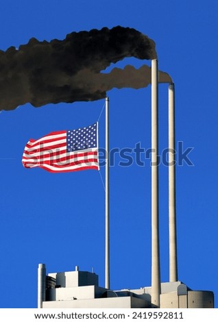 smoking chimneys, dark dirty smoke, a flag of the USA hangs on one of the chimneys like on a flagpole, concept, the original has been heavily modified