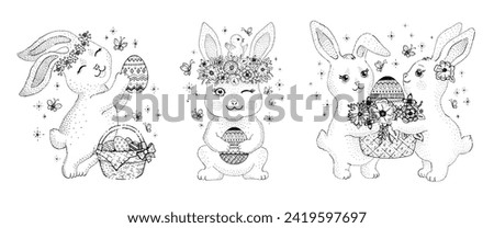 Easter bunny vector illustration. Cute rabbit outline doodle sketch on white background. Line cartoon bunny animal drawing. Easter rabbit clipart. Ink simple characters. Little hare childish icon art
