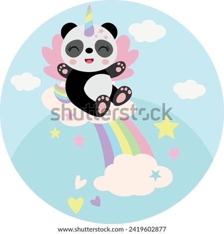 Round illustration with unicorn panda on rainbow with clouds
