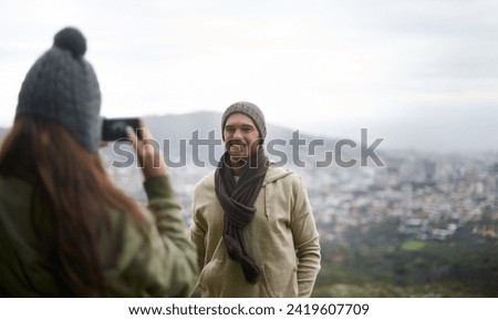 Happy man, couple and phone photo of nature on hiking memory, trekking adventure or journey on mountain trip. Cellphone, travel photography and outdoor people post profile picture to social media app