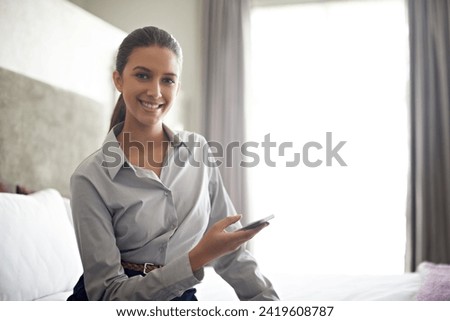 Bedroom, phone or portrait of businesswoman on social media for internet for website notification or news. Relax, happy or person in a hotel texting on online on mobile app to search for a meme post