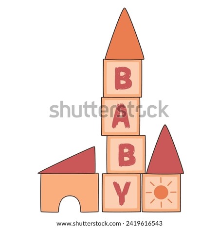 Childrens blocks for playing with toy castle and letters. Isolated illustration on white background.