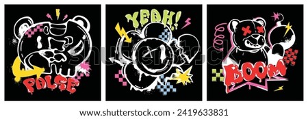 Graffiti posters with spray paint bear and flower in street art style. Covers of print design with outline bears and daisy with drips and splatters. Hand drawn ink characters on black background.