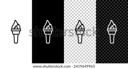 Set line Torch flame icon isolated on black and white, transparent background. Symbol fire hot, flame power, flaming and heat.  Vector