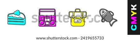 Set Piece of cake, Home stereo with two speakers, Hiking backpack and Fish icon. Vector