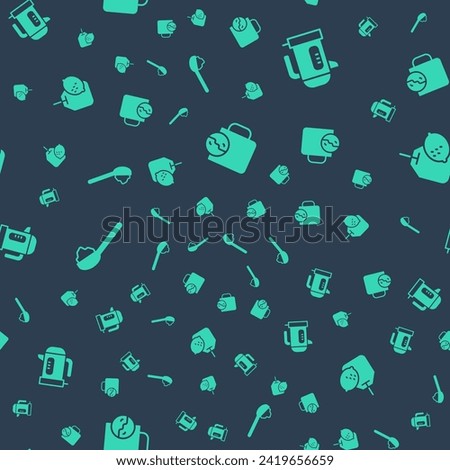 Set Tea time, Electric kettle, Spoon with sugar and bag lemon on seamless pattern. Vector