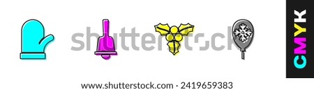 Set Christmas mitten, Merry ringing bell, Branch viburnum and Balloons with snowflake icon. Vector