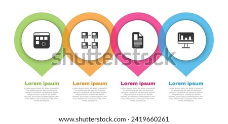 Set Loading data window, Hierarchy organogram chart, File document and Monitor with graph. Business infographic template. Vector