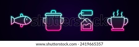 Set line Fish, Cooking pot, Tea bag and Bowl of hot soup. Glowing neon icon. Vector
