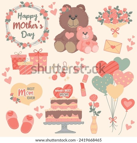 Happy Mother's Day stickers wreath mother and son teddy bear bouquet gift box letter slippers cake vase balloon