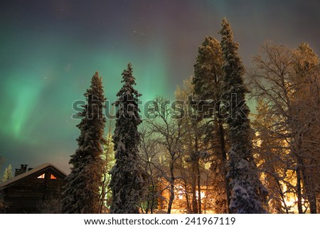 Northern light (aurora borealis) above a cabin in the woods, Lapland Finland