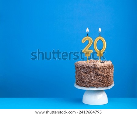 Birthday cake with candle 20 - Invitation card on blue background