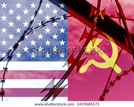 American flag Soviet flag combined with barbed wire. Basemap and background concept. Double exposure hologram.