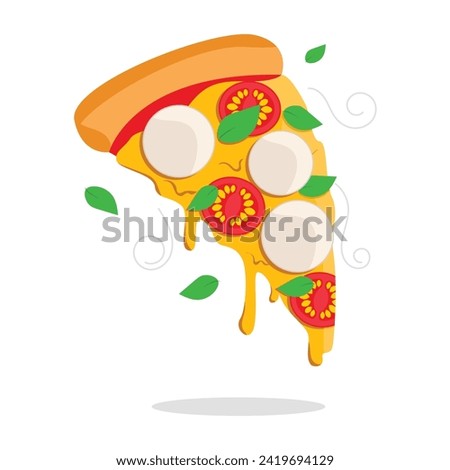 Juicy slice of margherita pizza with mozzarella, tomatoes, melted cheese, crispy crust and fresh basil leaves. Vector graphic. Royalty-Free Stock Photo #2419694129