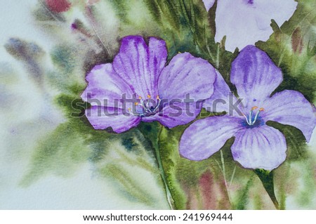Stylized purple flowers painting by watercolor painted on paper 