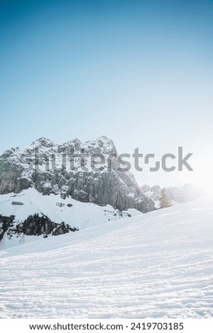 View of the winter snow-covered Alps, snow on the mountain tops, snow-covered slopes, freeride