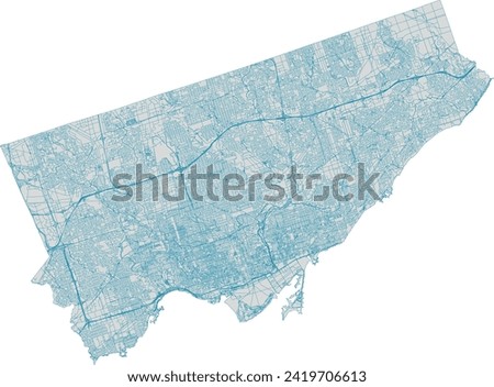Canada Ontario Province Toronto City Map with CENTRELINEs-streets, walkways, rivers, railways, highways and administrative boundaries Royalty-Free Stock Photo #2419706613