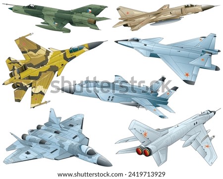 7 types of USSR and Russia modern jet engine fighter image vector Illustration set. Royalty-Free Stock Photo #2419713929