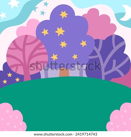Vector abstract background with magic forest, purple and pink trees, stars, green field. Magic or fantasy world scene. Cute fairytale square nature landscape. Night sky illustration for kids 
