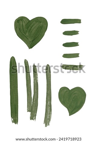 Green acrylic stripes, brush strokes and hearts. Set of handmade textures. Acrylic elements