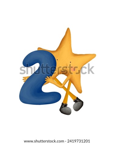 Bright numbers. Cute star with number 2. Illustration for kids on white background