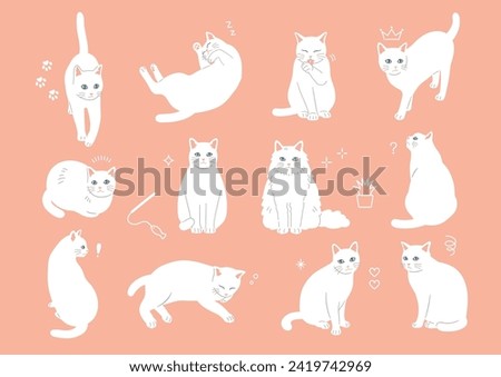 Simple and cute white cat illustration set