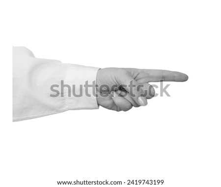 Black and white hand in a white shirt points with a finger isolated on white background - element for collage Royalty-Free Stock Photo #2419743199