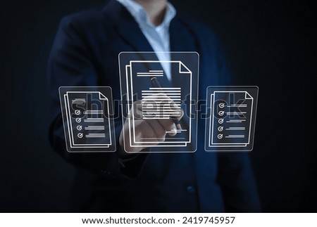 Businessman working on documents. Manage, files, data, folders, share, digital, information, electronic document management, database, online documents, paperless office concept.