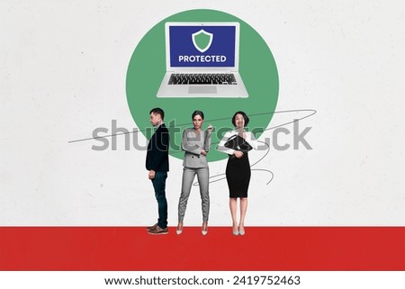 Creative collage picture illustration image black white filter serious busy young woman man protected security empty white background