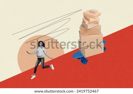 Collage creative illustration poster black white effect excited happy fast young woman run delivery skateboard ride sketch colorful banner Royalty-Free Stock Photo #2419752467