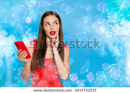 Abstract template graphics collage image of dreamy thoughtful lady chatting instagram twitter telegram facebook isolated colorful background