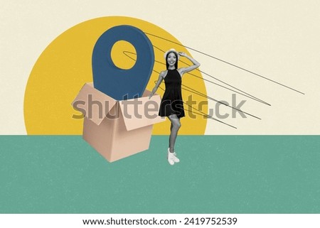 Photo collage cheerful young happy smiling lady receive sent delivery load box package geotag location move shipment service Royalty-Free Stock Photo #2419752539