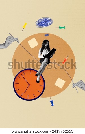 Vertical collage sitting young businesswoman hold folder document read time management efficient worker employee entrepreneur arrangement