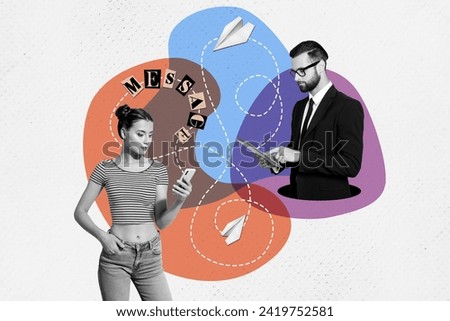 Horizontal creative photo collage of boss and worker chatting messaging through internet work online freelance on white background
