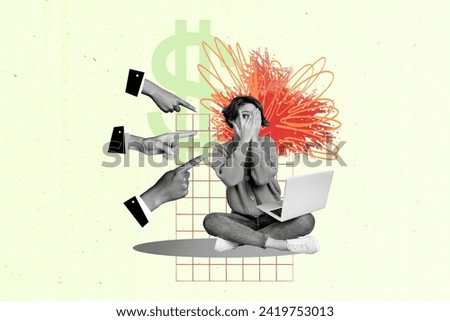 Photo cartoon comics sketch collage picture of fingers pointing scared workers typing modern device isolated beige color background