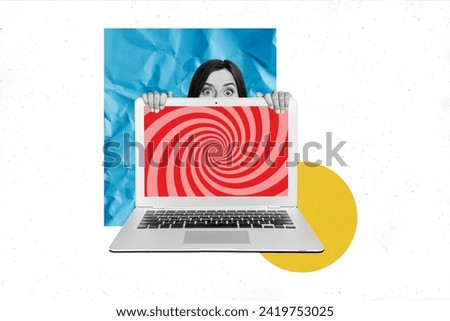 Photo creative illustration poster banner collage hiding overseeing girl laptop screen hypnotize propaganda news network influence