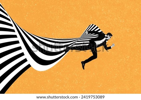 Collage picture illustration image black white effect fast young superman fly large cloak speed unusual striped orange background