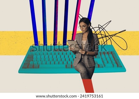 Collage picture illustration image monochrome effect excited serious beauty young woman office worker large keyboard colorful background