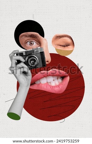 Vertical creative collage photo picture face fragments elements mosaic freak concept taking photo capture vintage camera shooting