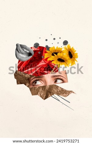 Vertical collage creative poster caricature human element mouth eyes sunflower plant sketch draw exclusive white background
