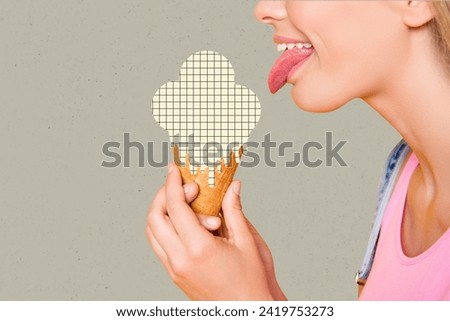 Photo image collage picture young girl hold ice cream dessert delicious calories diet cafeteria order yummy checkered cell food
